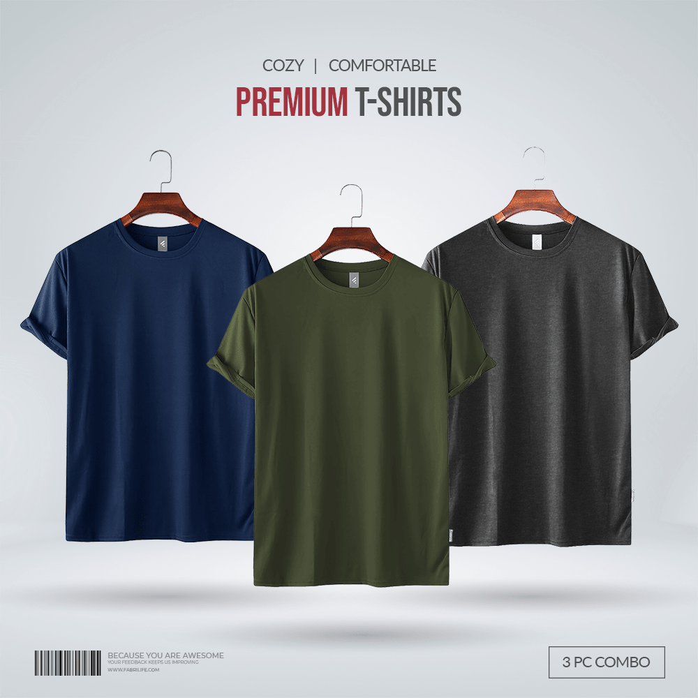 Fabrilife Men's Premium 100% Cotton Blank T-Shirt - Navy, Olive. Anthra Mellange